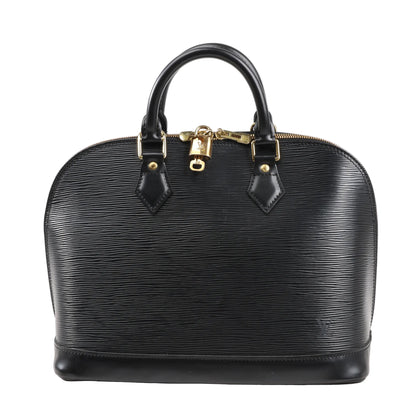 Front view of a Louis Vuitton Alma PM handbag in black Epi leather, featuring dual rolled handles, gold-tone hardware, signature padlock, and structured silhouette with subtle LV embossing near the base.