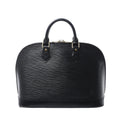 Louis Vuitton Alma PM handbag in black textured Epi leather with rolled top handles, double zip closure and gold-tone hardware.