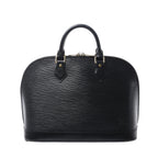 Louis Vuitton Alma PM handbag in black textured Epi leather with rolled top handles, double zip closure and gold-tone hardware.
