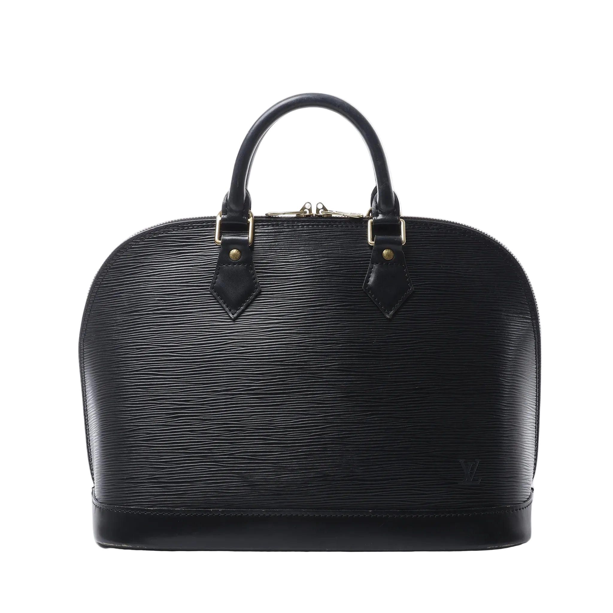 Louis Vuitton Alma PM handbag in black textured Epi leather with rolled top handles, double zip closure and gold-tone hardware.