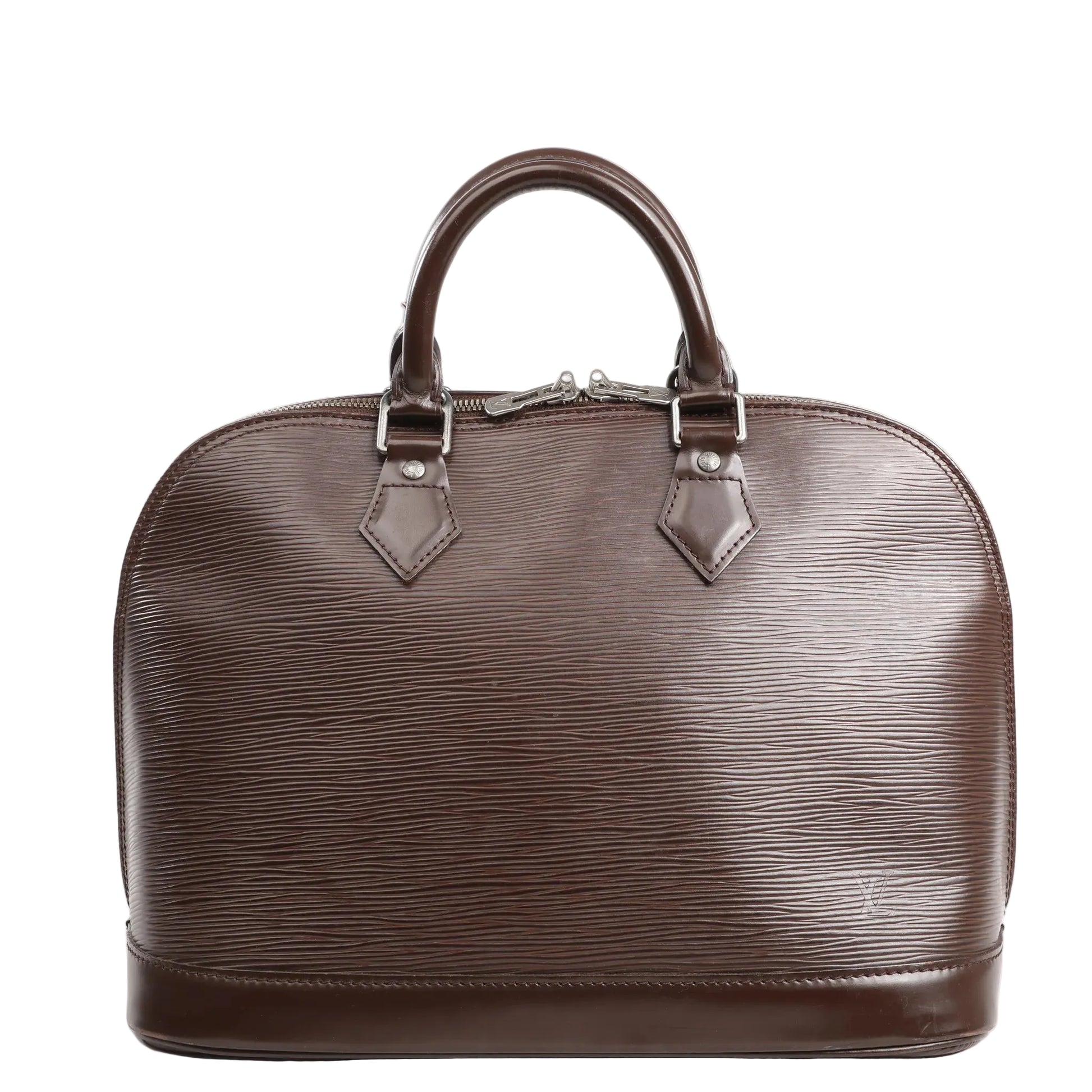 Louis Vuitton Alma PM handbag in textured brown Epi leather featuring a dome-shaped silhouette, dual rolled leather handles, and silver-tone hardware.