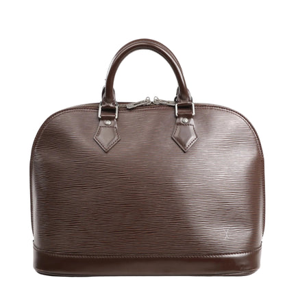 Louis Vuitton Alma PM handbag in textured brown Epi leather featuring a dome-shaped silhouette, dual rolled leather handles, and silver-tone hardware.