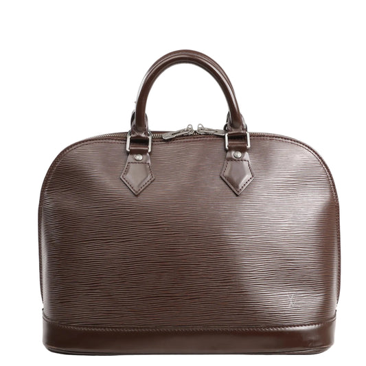Louis Vuitton Alma PM handbag in textured brown Epi leather featuring a dome-shaped silhouette, dual rolled leather handles, and silver-tone hardware.