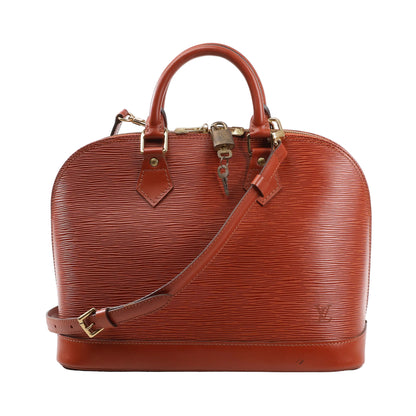 Louis Vuitton Alma PM M52143 handbag in brown Epi leather featuring a structured dome shape, rolled top handles, detachable shoulder strap, gold-tone hardware, and padlock with keys.