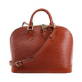 Louis Vuitton Alma PM M52143 handbag in brown Epi leather featuring a structured dome shape, rolled top handles, detachable shoulder strap, gold-tone hardware, and padlock with keys.