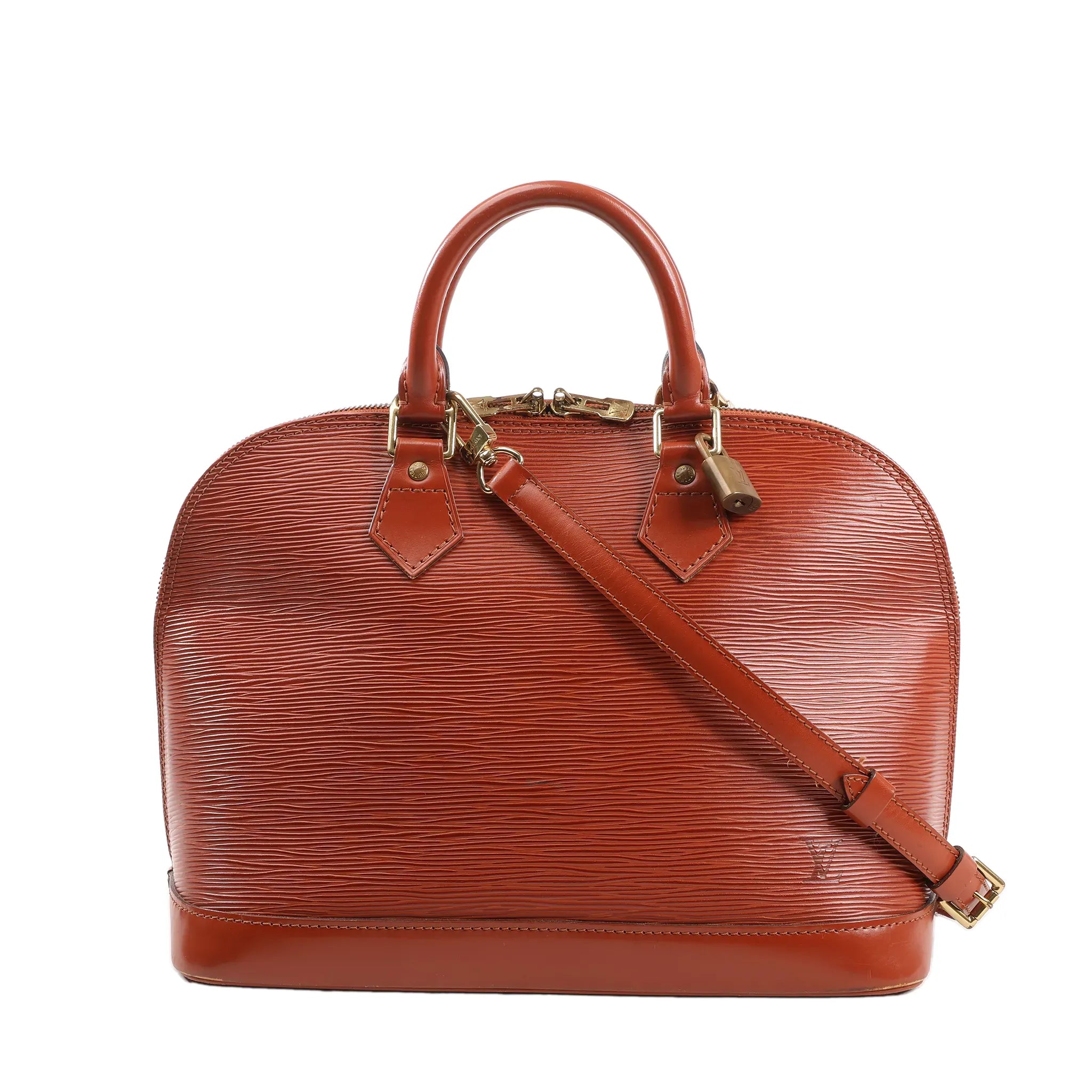 Louis Vuitton Alma PM 2Way Handbag M52143 in brown Epi leather, featuring a structured dome-shaped body, dual top handles, detachable shoulder strap, and gold-tone hardware with a padlock, displayed against a white background.