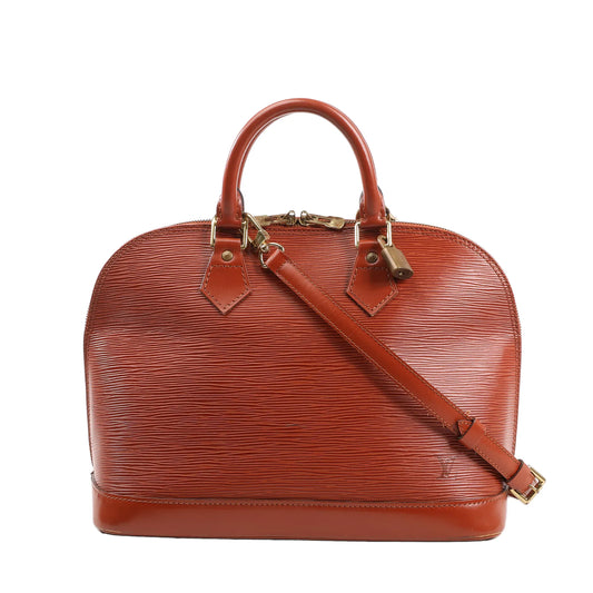 Louis Vuitton Alma PM 2Way Handbag M52143 in brown Epi leather, featuring a structured dome-shaped body, dual top handles, detachable shoulder strap, and gold-tone hardware with a padlock, displayed against a white background.