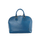 Blue Louis Vuitton Alma Epi leather handbag with twin rolled handles, a domed zip closure, gold-tone hardware and an embossed LV logo.