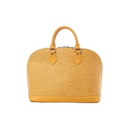Front view of Louis Vuitton Alma PM handbag in yellow Epi leather with rolled top handles, double-zip top closure, and subtle LV logo at the lower front.