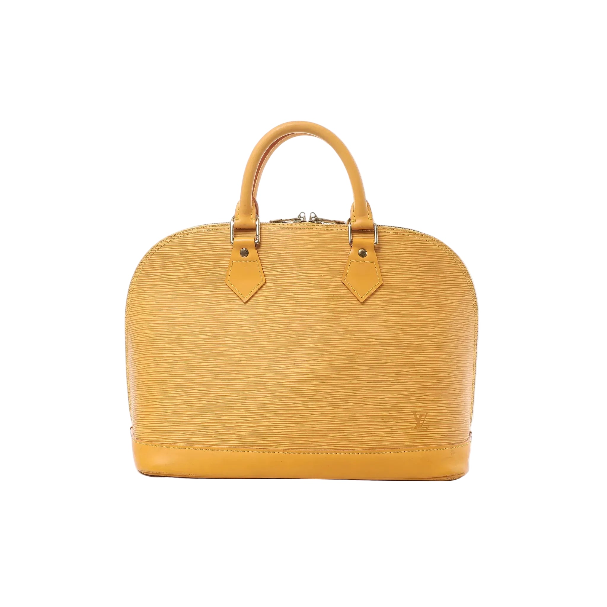 Front view of Louis Vuitton Alma PM handbag in yellow Epi leather with rolled top handles, double-zip top closure, and subtle LV logo at the lower front.