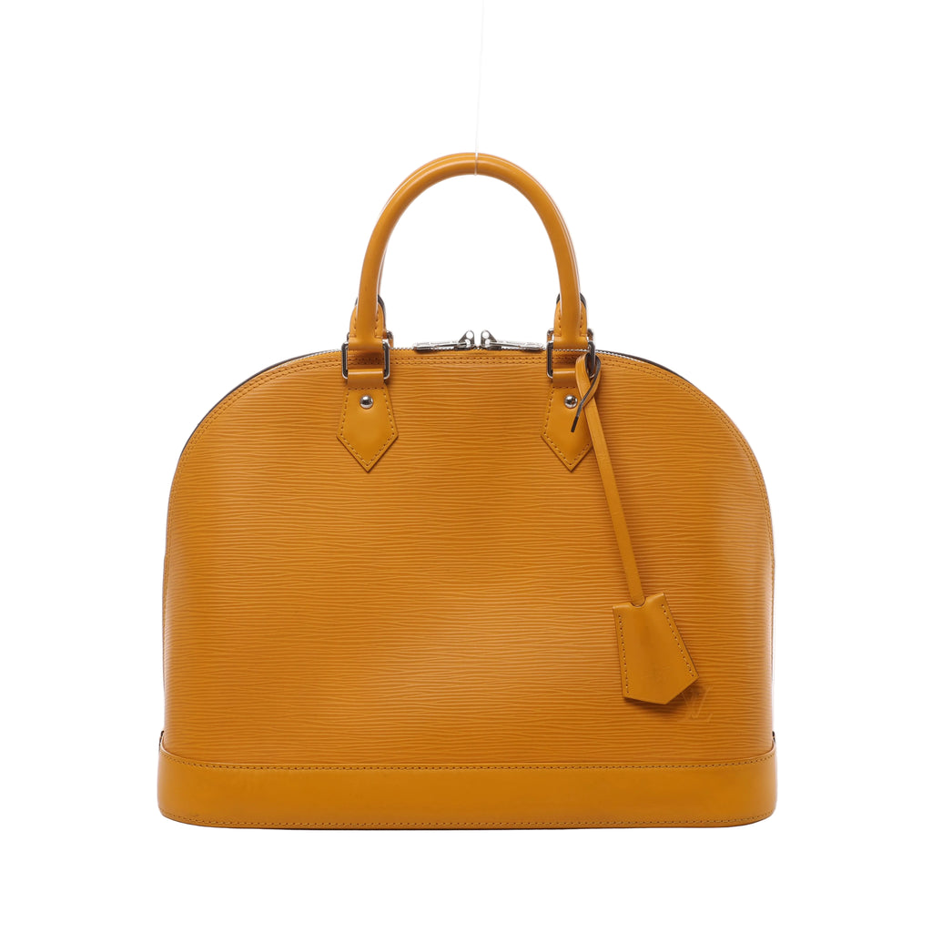 Yellow Louis Vuitton Alma PM handbag in textured Epi leather with curved top handles, tonal trim, hanging leather clochette and silver-tone zipper hardware.