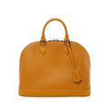 Yellow Louis Vuitton Alma PM handbag in textured Epi leather with curved top handles, tonal trim, hanging leather clochette and silver-tone zipper hardware.