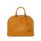 Yellow Louis Vuitton Alma PM handbag in textured Epi leather with curved top handles, tonal trim, hanging leather clochette and silver-tone zipper hardware.