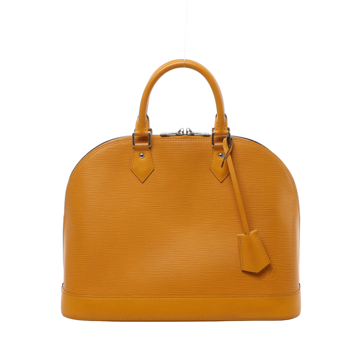 Yellow Louis Vuitton Alma PM handbag in textured Epi leather with curved top handles, tonal trim, hanging leather clochette and silver-tone zipper hardware.