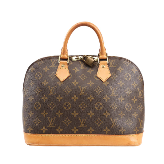 Louis Vuitton Alma PM M51130 handbag in brown Monogram coated canvas with natural leather trim, dual rolled handles, gold-tone hardware, and a structured dome silhouette.