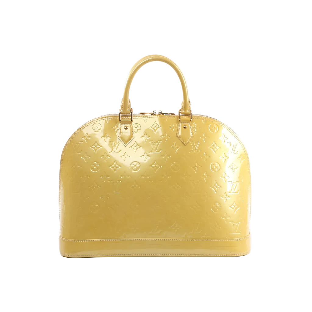 Yellow Louis Vuitton Alma GM Vernis patent leather handbag with embossed Monogram pattern, double top handles, and zip-top closure, front view on white background.