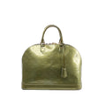 Louis Vuitton Alma GM handbag in glossy green Vernis leather with embossed Monogram, double top handles, zip-top closure, and leather clochette, front view on white background.