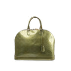Louis Vuitton Alma GM handbag in glossy green Vernis leather with embossed Monogram, double top handles, zip-top closure, and leather clochette, front view on white background.