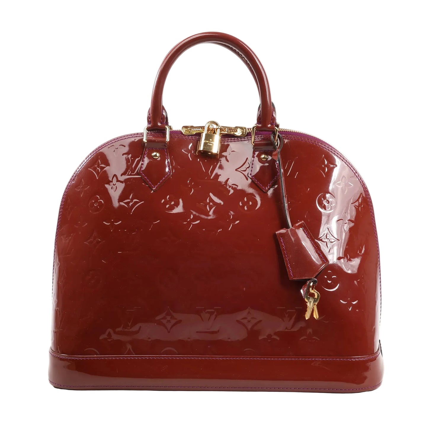 Louis Vuitton Alma GM handbag in glossy burgundy Monogram Vernis patent leather featuring dual top handles, gold-tone padlock and keys, and structured dome silhouette.
