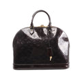 Louis Vuitton Alma GM handbag in glossy burgundy Vernis leather with embossed Monogram, double top handles, zip-top closure, and leather clochette with key, front view on white background.