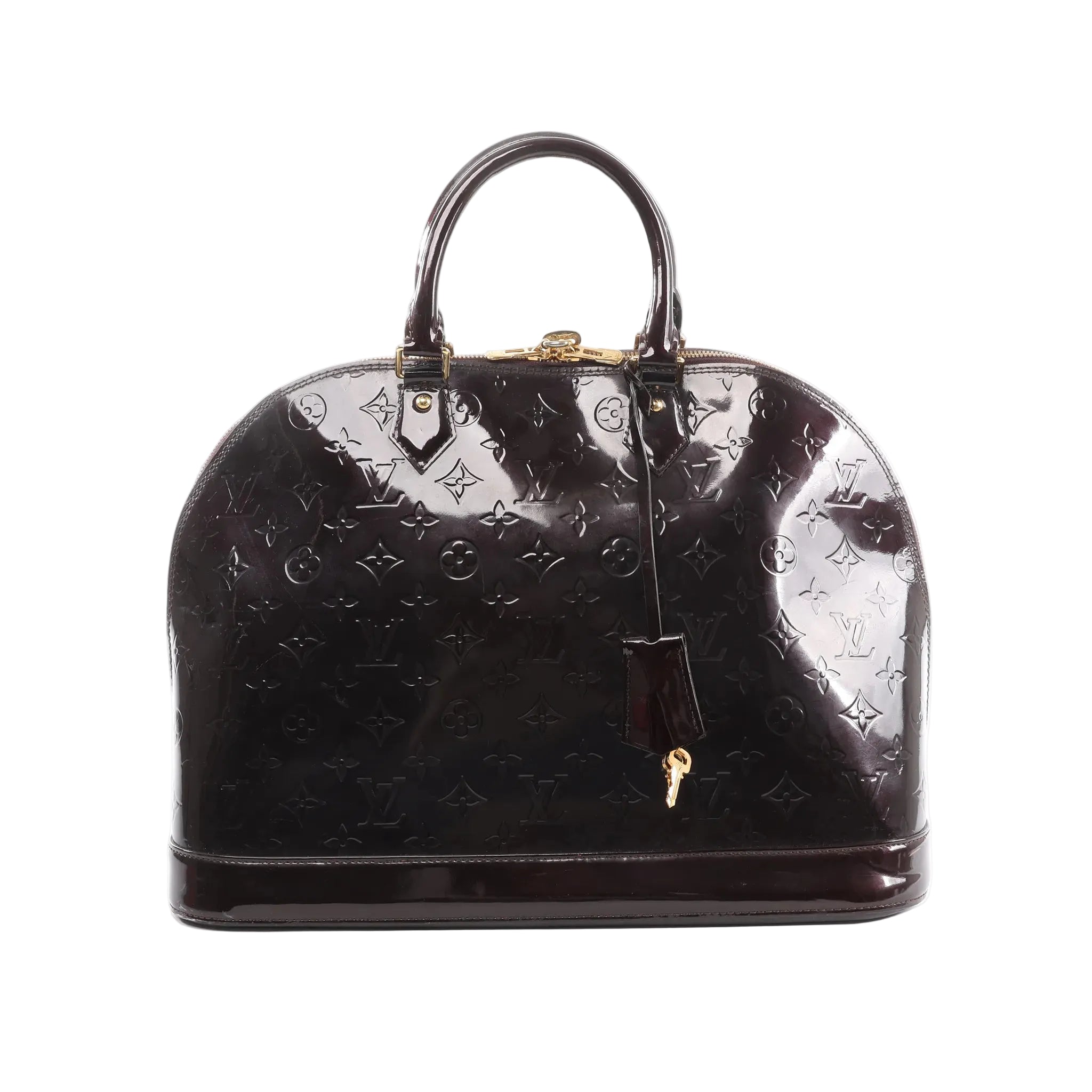 Louis Vuitton Alma GM handbag in glossy burgundy Vernis leather with embossed Monogram, double top handles, zip-top closure, and leather clochette with key, front view on white background.