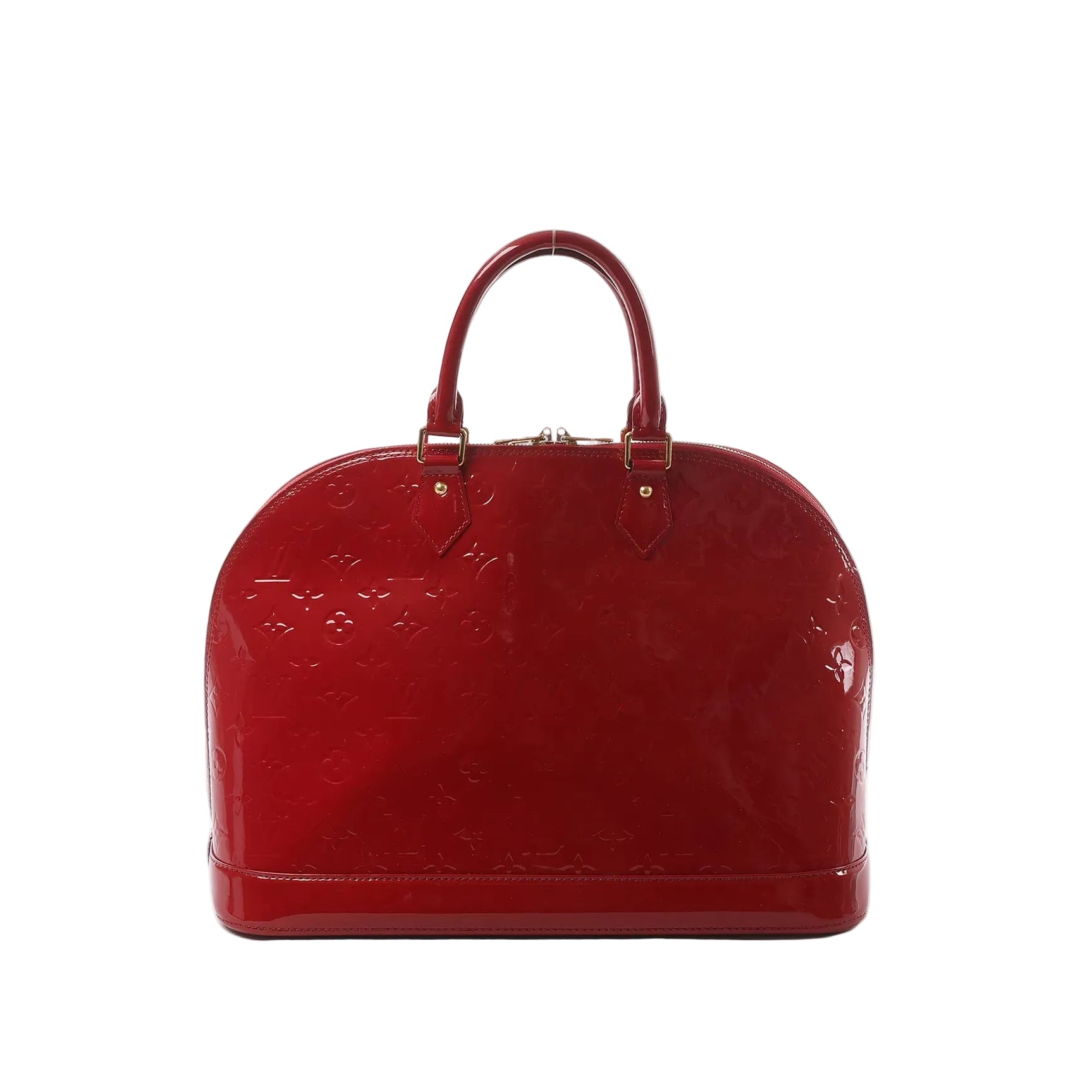 Louis Vuitton Alma GM handbag in glossy red Vernis leather with embossed Monogram pattern, rolled top handles, and gold-tone hardware.