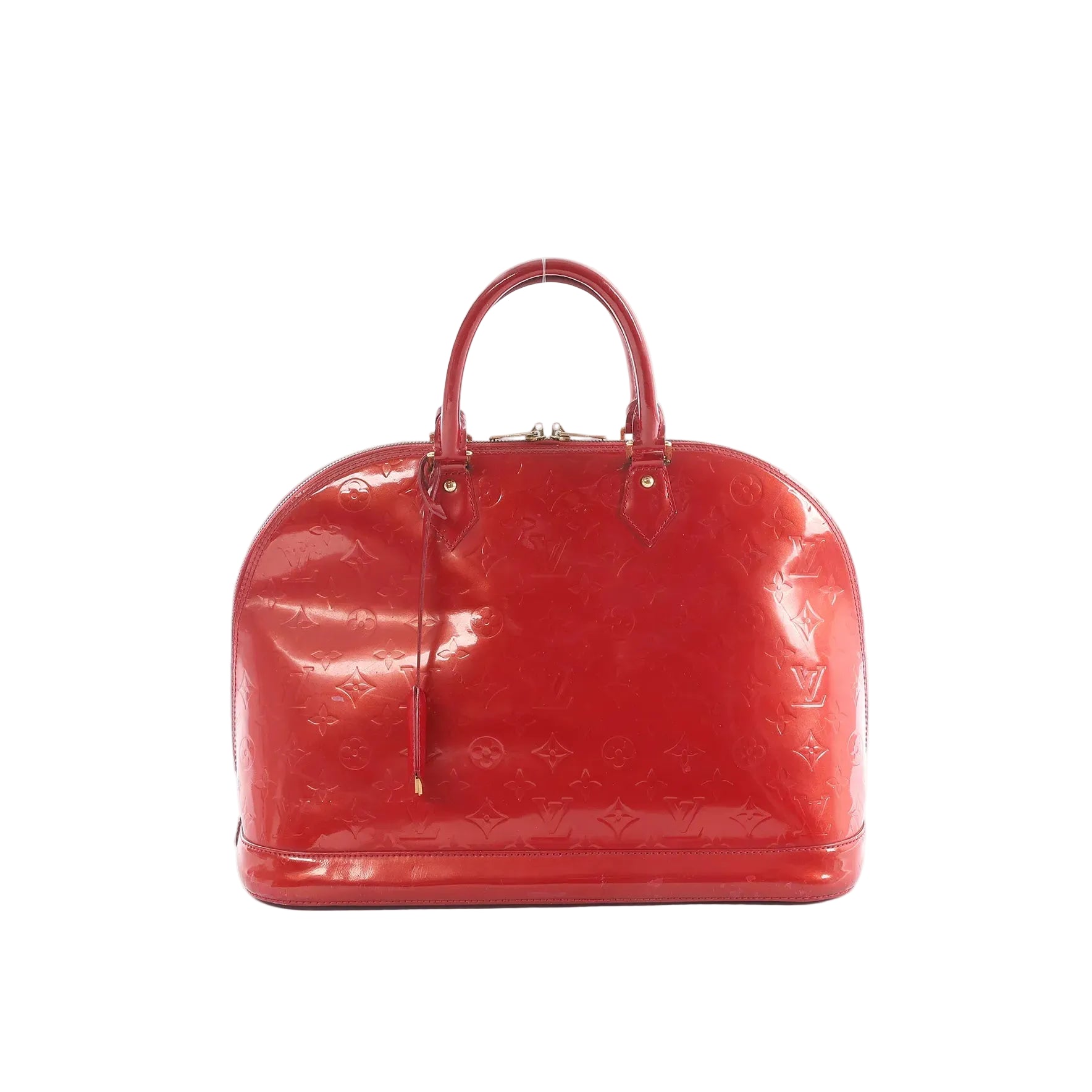 Louis Vuitton Alma GM handbag in glossy red Vernis patent leather with embossed Monogram, top handles, zip-top closure, and hanging leather clochette on a white background.