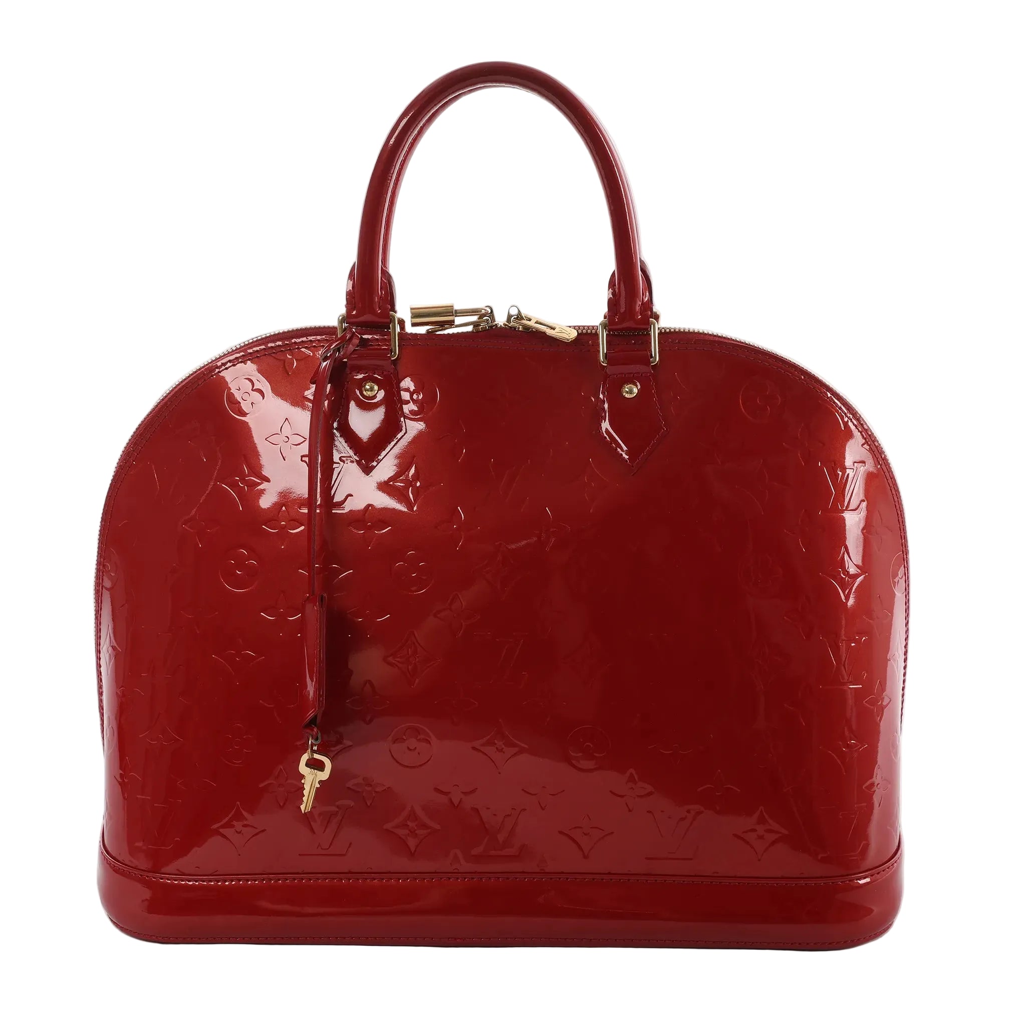 Louis Vuitton Alma GM handbag in glossy red Vernis patent leather with embossed Monogram, top handles, zip closure, and hanging clochette key on a white background.