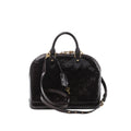 Louis Vuitton Alma MM handbag in glossy amarante Vernis patent leather with embossed monogram, top handles, detachable shoulder strap, and gold-tone padlock, front view on white background