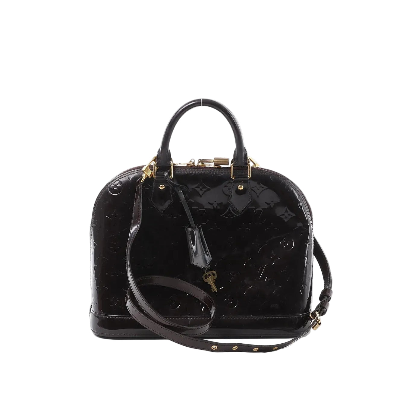 Louis Vuitton Alma MM handbag in glossy amarante Vernis patent leather with embossed monogram, top handles, detachable shoulder strap, and gold-tone padlock, front view on white background