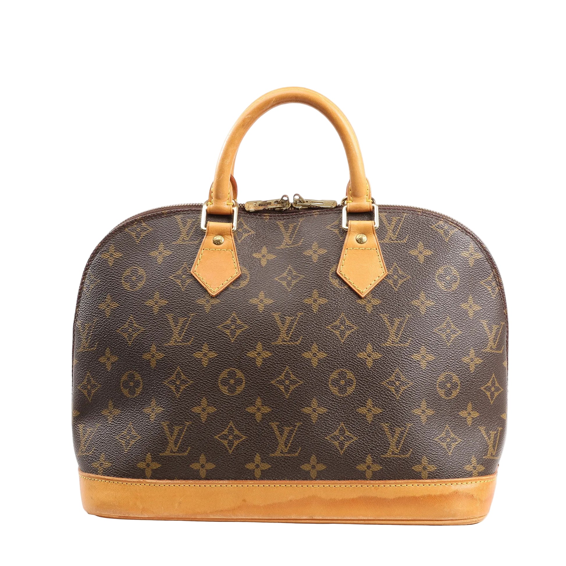 Louis Vuitton Alma PM Handbag M51130 in brown Monogram canvas with natural leather trim, dual rolled handles, gold-tone hardware, and lock with key on a white background.