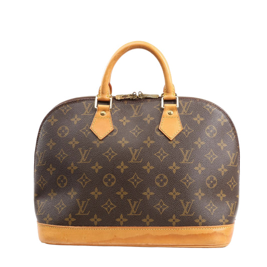 Louis Vuitton Alma PM Handbag M51130 in brown Monogram canvas with natural leather trim, dual rolled handles, gold-tone hardware, and lock with key on a white background.