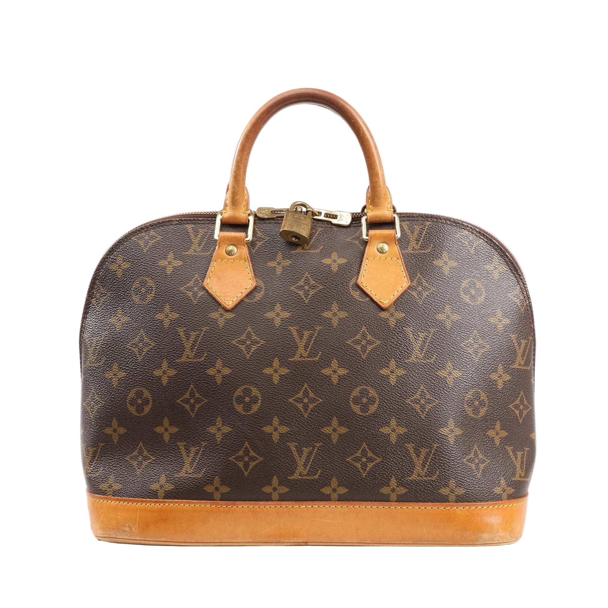 Louis Vuitton Alma PM Handbag M51130 in brown Monogram canvas with natural leather trim, dual rolled handles, gold-tone padlock, and structured dome silhouette on a white background.