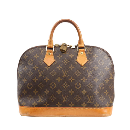 Louis Vuitton Alma PM Handbag M51130 in brown Monogram canvas with natural leather trim, dual rolled handles, gold-tone padlock, and structured dome silhouette on a white background.