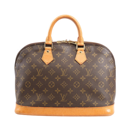 Louis Vuitton Alma PM Handbag M51130 in brown Monogram canvas with natural leather trim, dual rolled handles, gold-tone hardware, and lock with key on a white background.