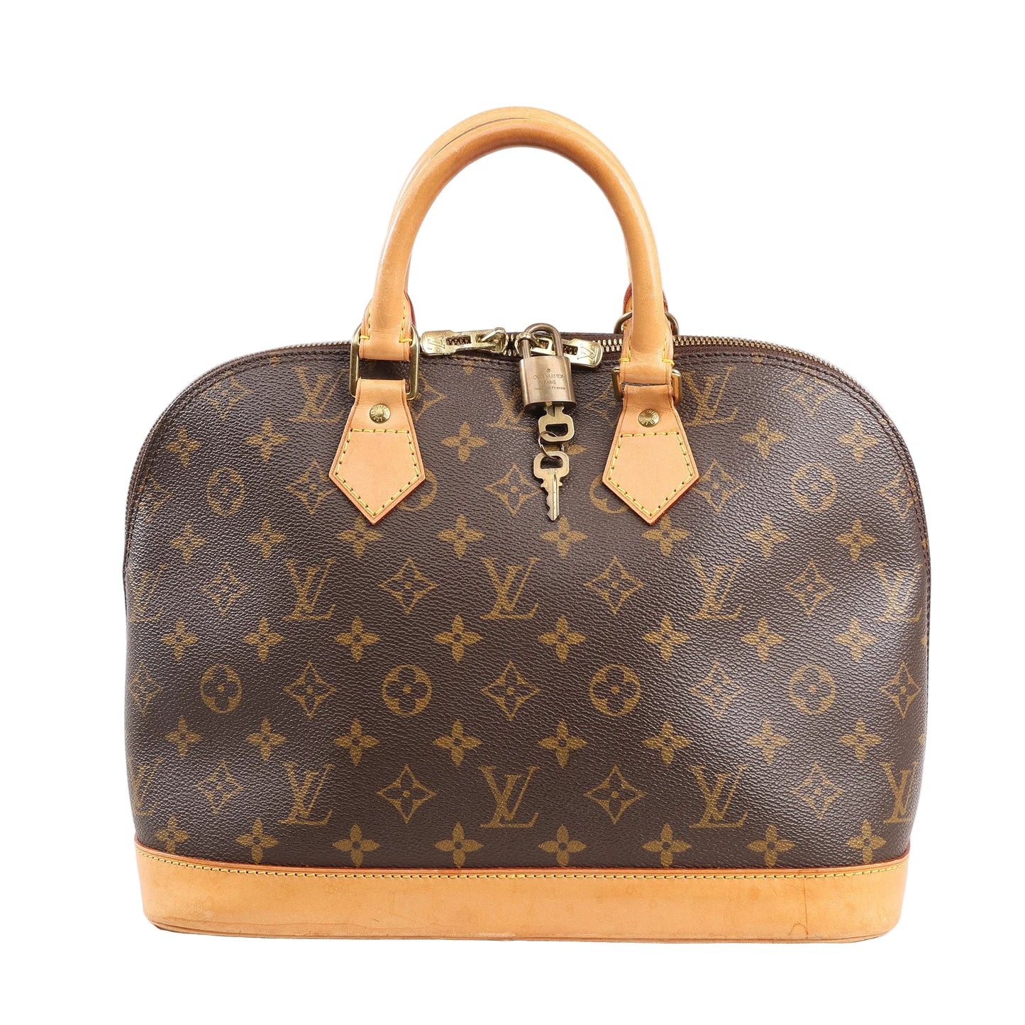 Louis Vuitton Alma PM Handbag M51130 in brown Monogram canvas with natural leather trim, dual rolled handles, gold-tone hardware, and lock with key on a white background.