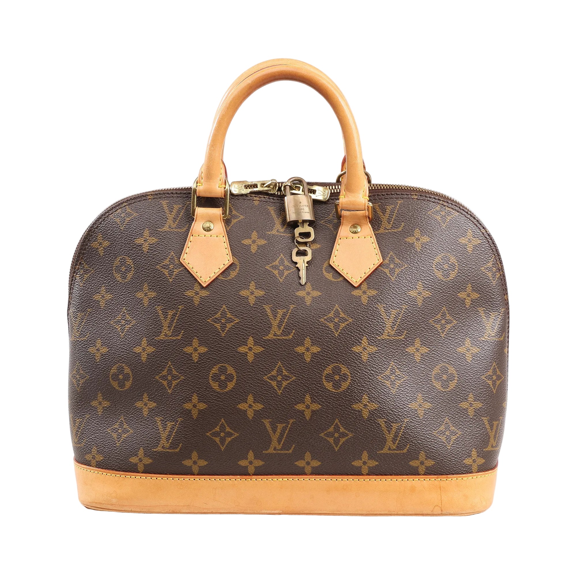 Louis Vuitton Alma PM Handbag M51130 in brown Monogram canvas with natural leather trim, dual rolled handles, gold-tone hardware, and lock with key on a white background.