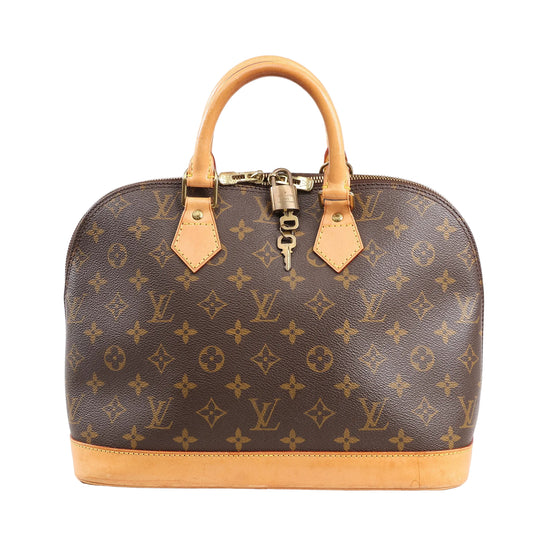 Louis Vuitton Alma PM Handbag M51130 in brown Monogram canvas with natural leather trim, dual rolled handles, gold-tone hardware, and lock with key on a white background.
