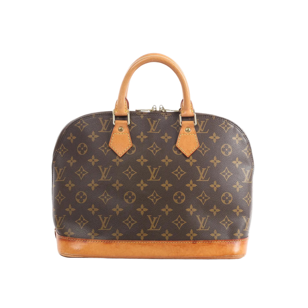 Louis Vuitton Alma PM handbag in brown Monogram canvas with tan leather top handles and vachetta leather base on white background