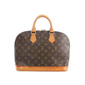 Louis Vuitton Alma PM handbag in brown Monogram canvas with tan leather top handles and vachetta leather base on white background