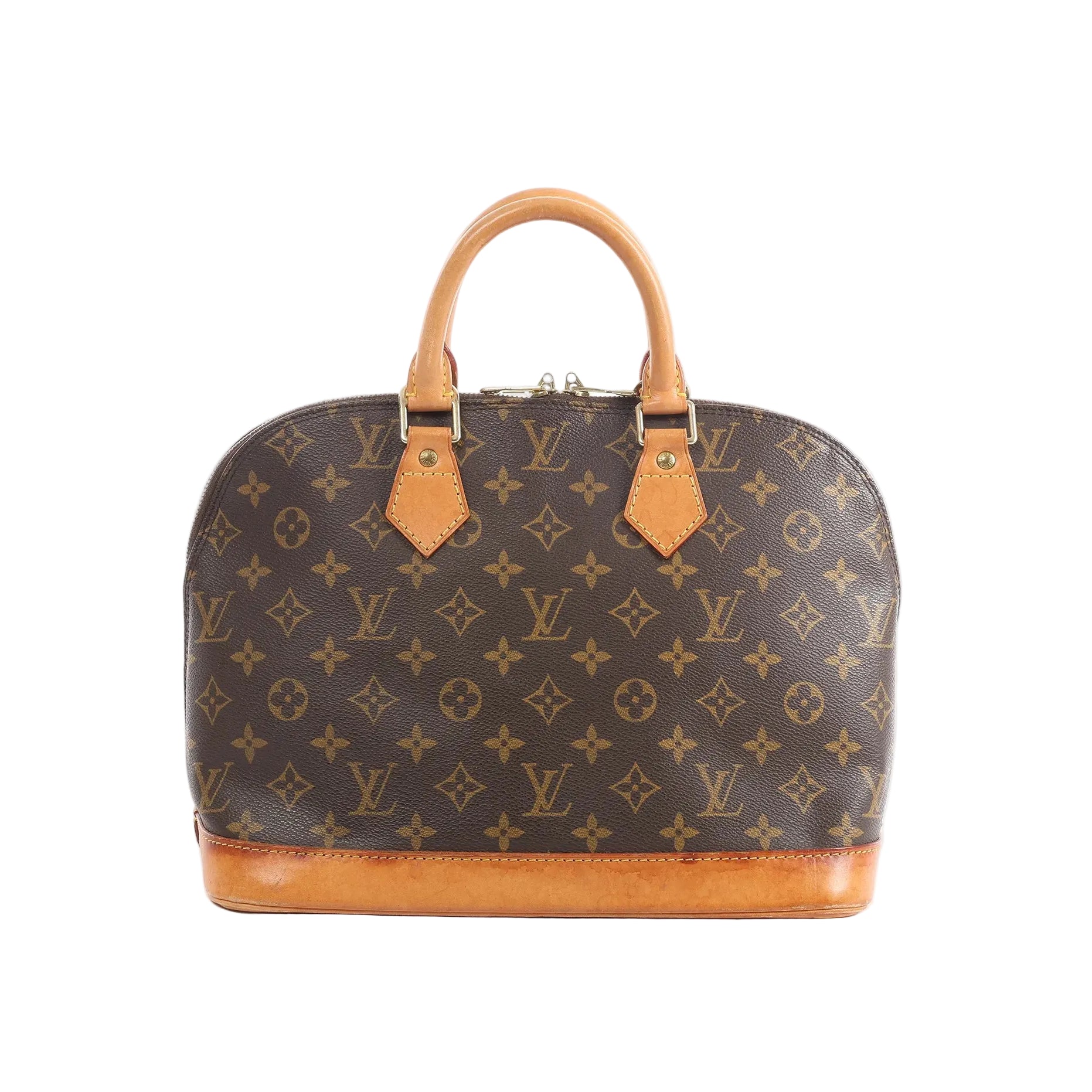 Louis Vuitton Alma PM handbag in brown Monogram canvas with tan leather top handles and vachetta leather base on white background