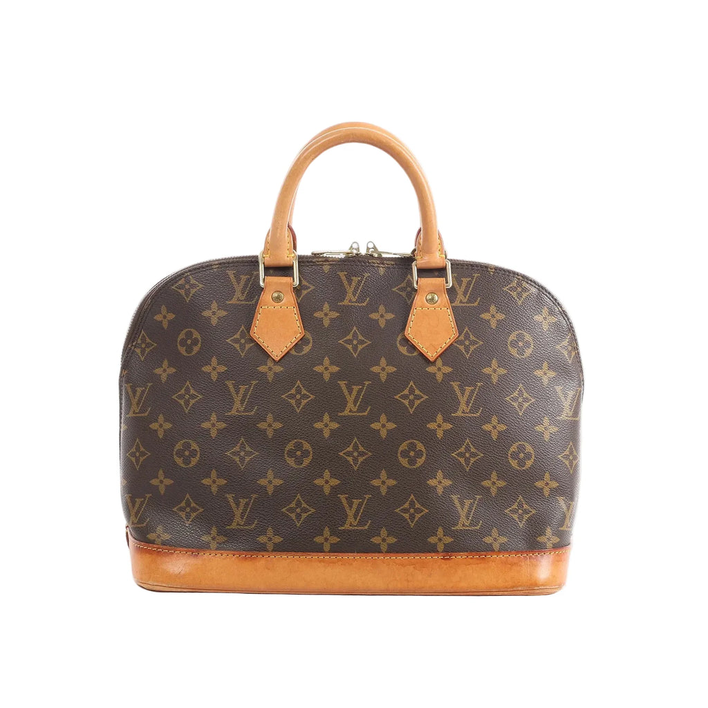 Louis Vuitton Alma PM handbag in brown Monogram canvas with tan leather top handles and vachetta leather base on white background