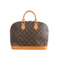 Louis Vuitton Alma PM handbag in brown Monogram canvas with tan leather top handles and vachetta leather base on white background