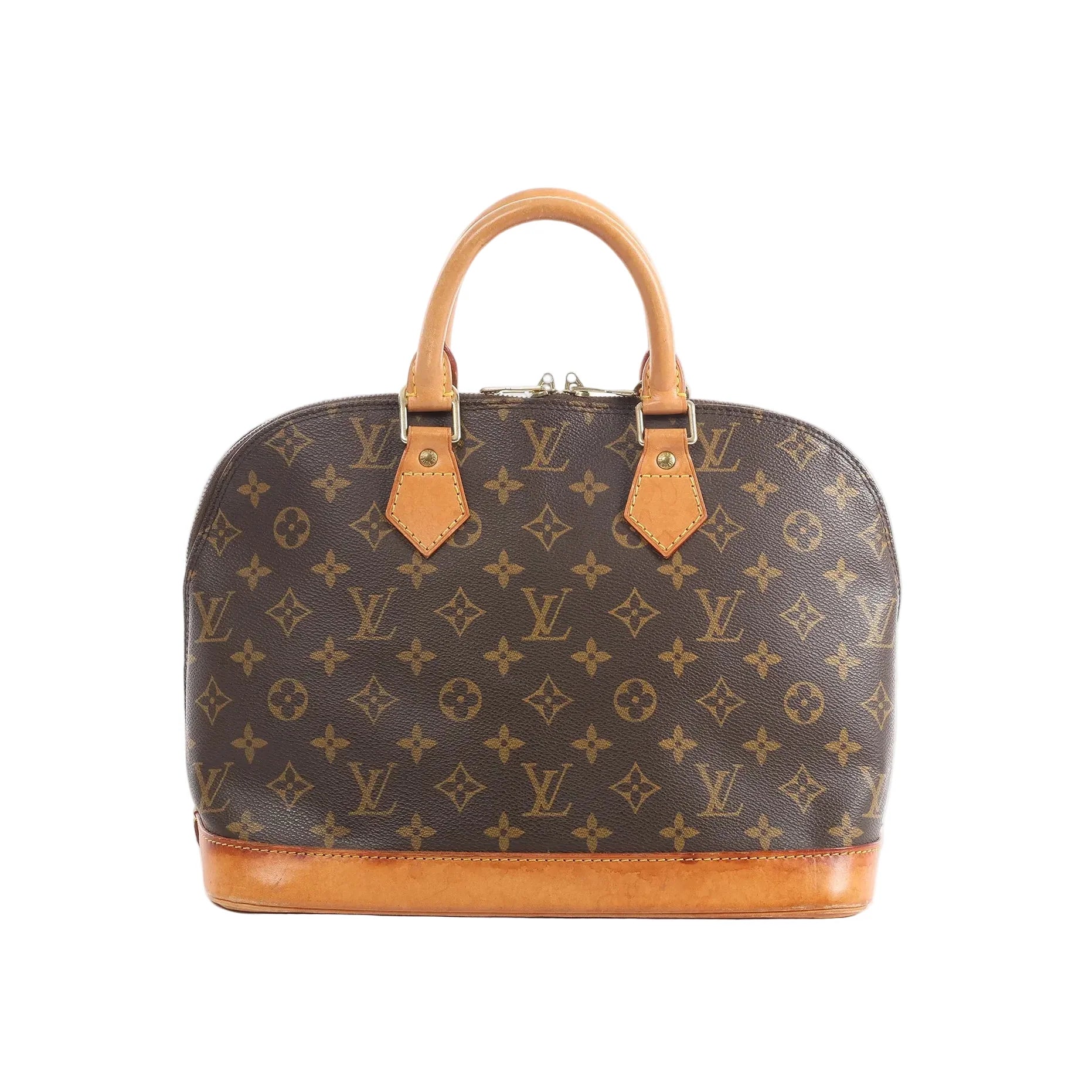 Louis Vuitton Alma PM handbag in brown Monogram canvas with tan leather top handles and vachetta leather base on white background