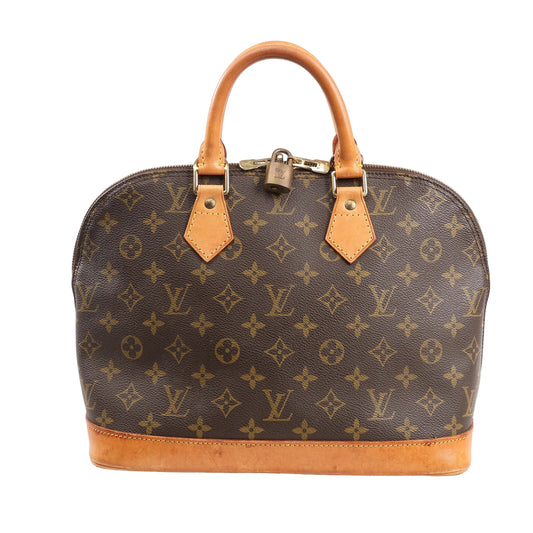 Louis Vuitton Alma PM Handbag M51130 in brown Monogram canvas with natural leather trim, dual rolled handles, gold-tone hardware, and lock with key on a white background.