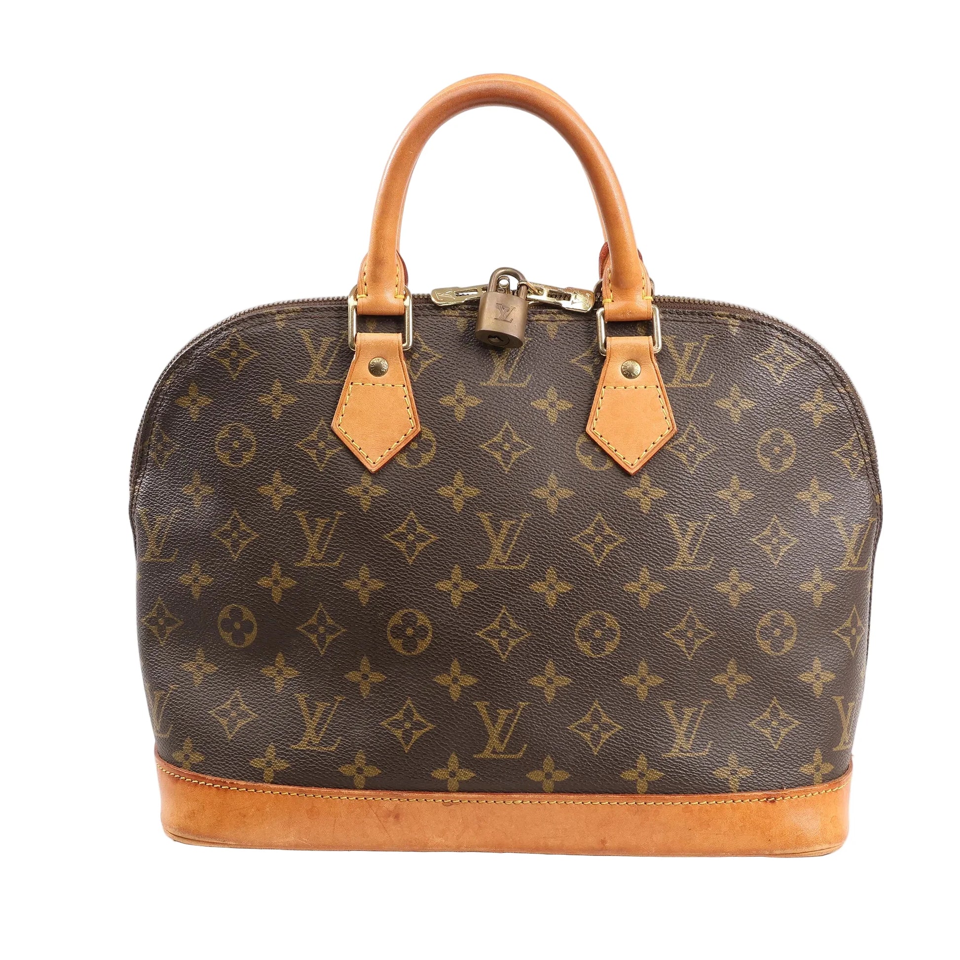 Louis Vuitton Alma PM Handbag M51130 in brown Monogram canvas with natural leather trim, dual rolled handles, gold-tone hardware, and lock with key on a white background.