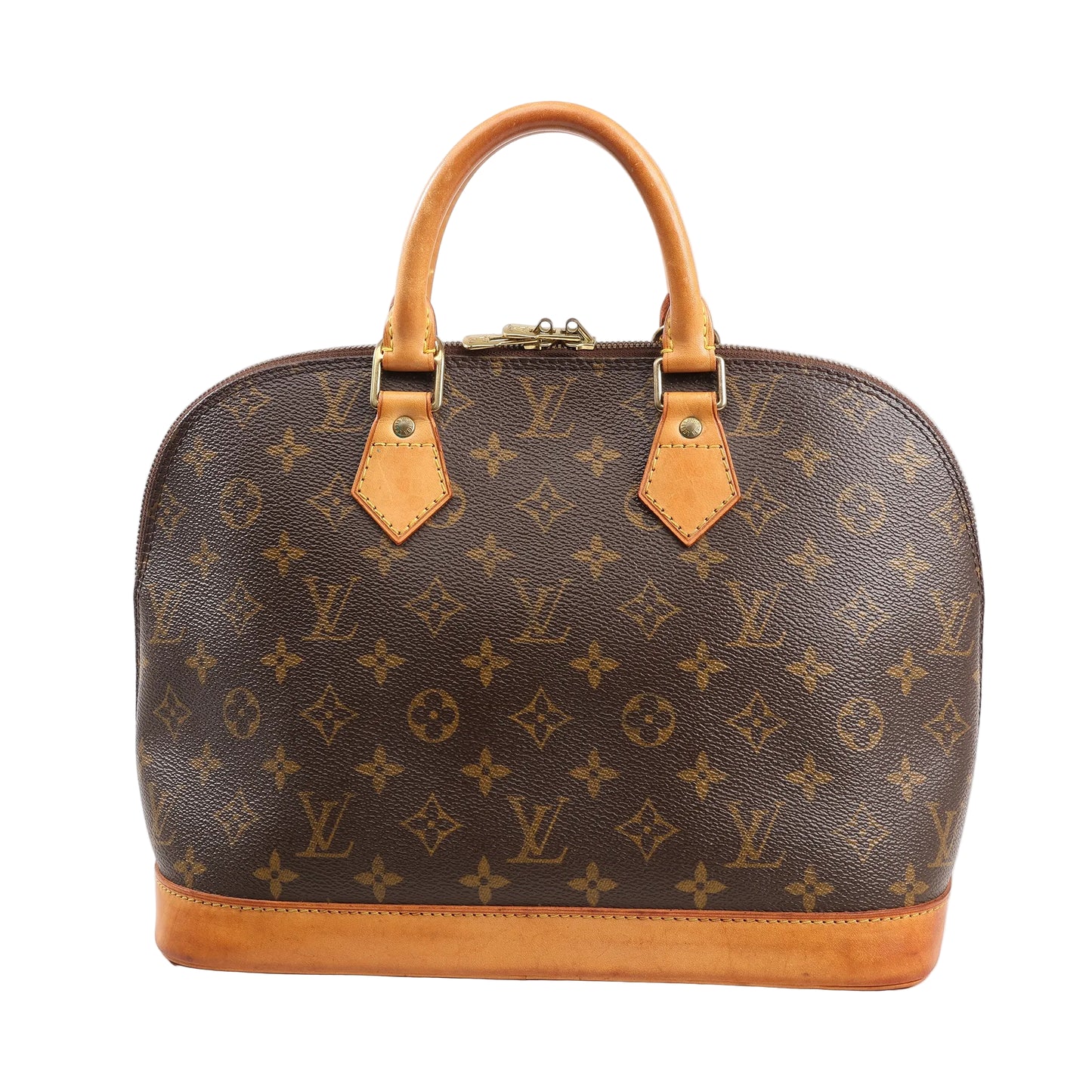Louis Vuitton Alma PM Handbag M51130 in brown Monogram canvas with natural leather trim, dual rolled handles, gold-tone hardware, and lock with key on a white background.