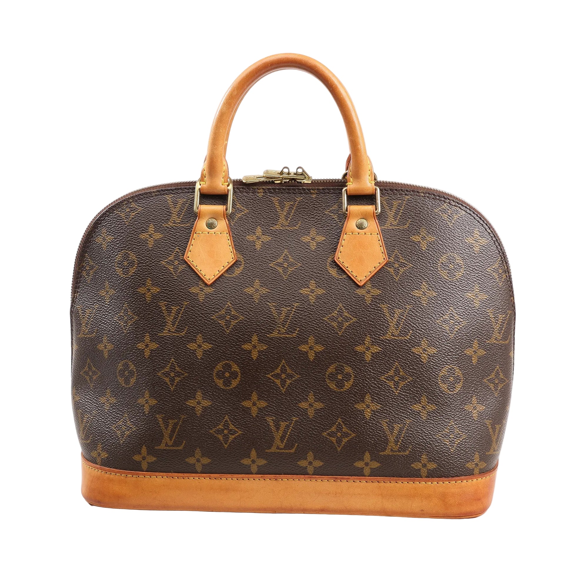 Louis Vuitton Alma PM Handbag M51130 in brown Monogram canvas with natural leather trim, dual rolled handles, gold-tone hardware, and lock with key on a white background.