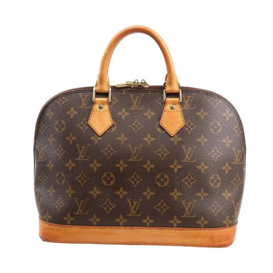 Louis Vuitton Alma PM Handbag M51130 in brown Monogram canvas with natural leather trim, dual rolled handles, gold-tone hardware, and lock with key on a white background.