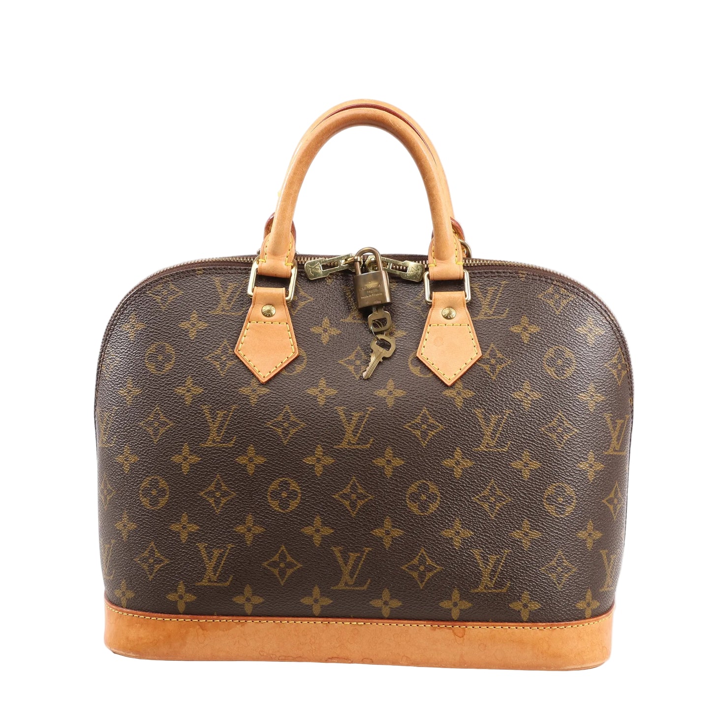 Louis Vuitton Alma PM Handbag M51130 in brown Monogram canvas with natural leather trim, dual rolled handles, gold-tone hardware, and lock with key on a white background.